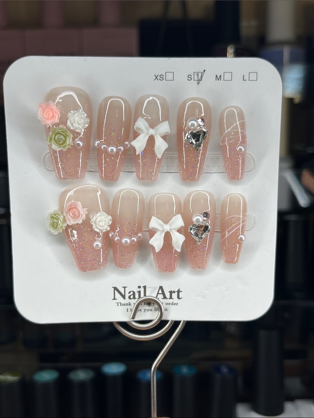 Fairy Press on Nails Pink Glitter with Flower Accents & 3D bows
